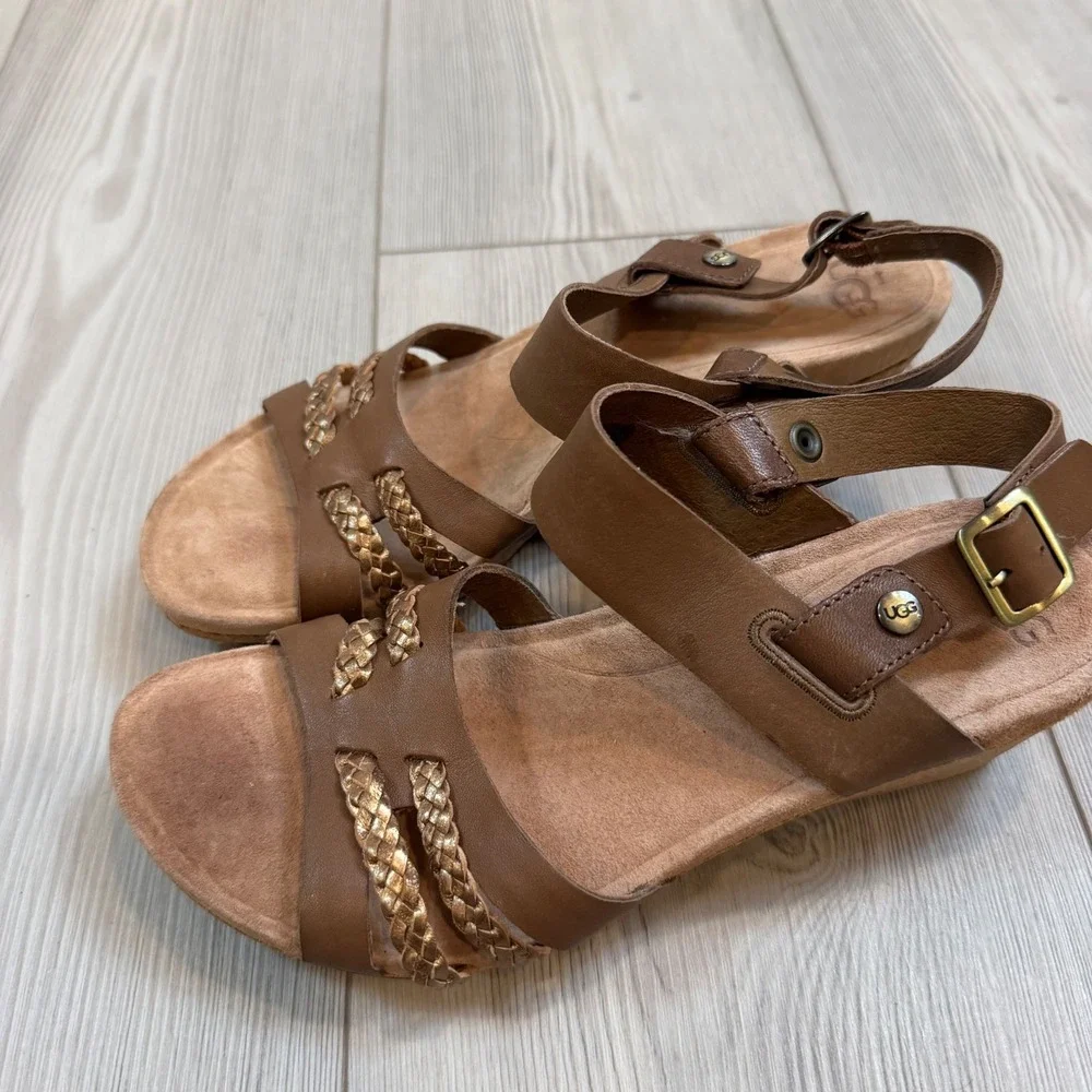 UGG Serinda Brown Leather Metallic Braid Cork Wedge Sandals 1010167 Womens 8